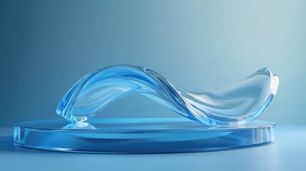 Aufkleber - 3D rendered podium featuring a transparent glass wavy ribbon on water Abstract geometric backdrop in holographic blue hues Contemporary platform mockup for promotional banners and product showcase