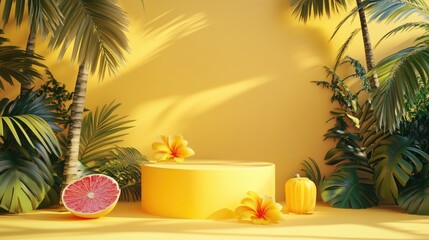 Poster - 3D rendering of a yellow display podium designed for summer themed products