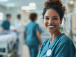 © ivlianna - Nurse taking vital signs in a busy hospital ward, caring and professional.A cheerful nurse is smiling brightly in a hospital hallway today