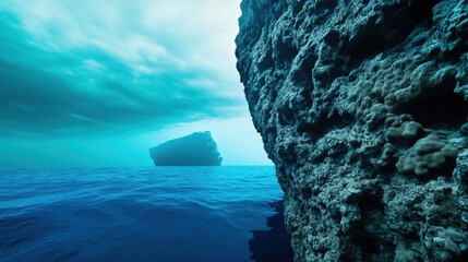 Poster - Serene Ocean View with Rocky Cliff and Isolated Island