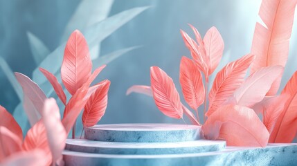 Aufkleber - 3D rendering of an abstract podium display featuring tropical leaves and coral pink plants ideal for product promotion and advertising set against a blue pastel natural backdrop