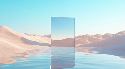 Aufkleber - 3D render of an abstract panoramic background featuring a desert landscape with sand water and a square mirror beneath a clear blue sky Ideal for modern minimal aesthetic wallpaper