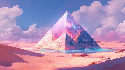 Poster - Ai Generated Art Crystal Pyramid In Water On Desert Dune Oasis Dreamy Fantasy Atmosphere Retro Futuristic Style Graphic Design Decorative Poster Stunning Artwork