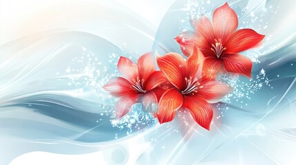 Aufkleber - Abstract illustration of vibrant red fantasy flowers set against a blue and white backdrop featuring a swirling spiral Luminous dots encircle the elegant red blooms on a curved design