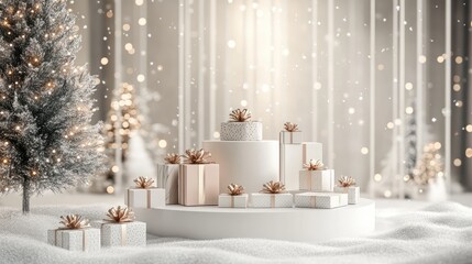 Poster - Christmas display podium for branding and packaging presentation featuring gift boxes a tree and snow Showcase for cosmetics and fashion 3D illustration and render