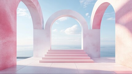 Aufkleber - 3D rendering of a white and pink podium in a square featuring geometric stair shapes and an arch design