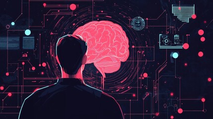 Aufkleber - Abstract Neurotechnology And Digital Network Man In Laboratory Exploring Brain Potential Computers And Ai Robotics Mind Control Intelligence