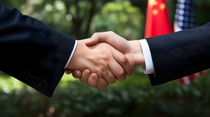 Two men in suits shake hands in front of blurred American and Chinese flags.