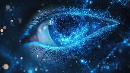 Aufkleber - Abstract illustration featuring symmetrical blue glowing lines and particle glitter designed in the shape of an eye