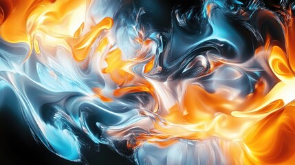 Poster - Abstract fantasy shapes of flame and fractured ice on a black backdrop Computer generated fractal art in shades of orange blue yellow and white
