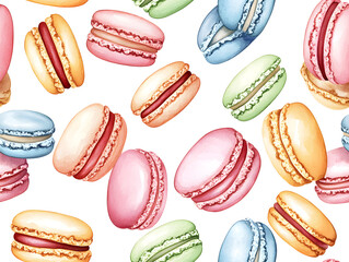 Sticker - Watercolor seamless pattern of colorful macaroons on a white background