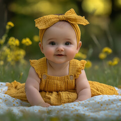 A baby girl is wearing a yellow dress and a yellow headband