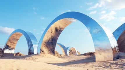 Aufkleber - Abstract sandy dune cliffs featuring metallic arches set against a clear blue sky Surreal minimalist desert landscape background Scene of the desert showcasing sleek metallic arches with geometric