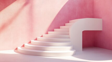 Aufkleber - 3D rendering of an abstract minimalistic background featuring pink and white stairs with a podium in pastel shades
