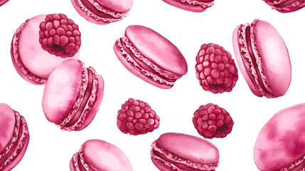 Sticker - Watercolor seamless pattern of raspberry macaroons on a white background