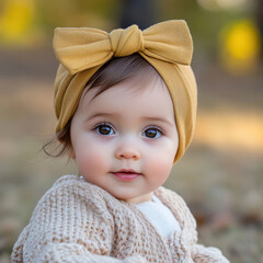 A baby wearing a yellow headband with a bow