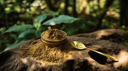 kratom product photo package in nature, next to is kratom powder, kratom trees behind, no the wood, with gold spoon laying