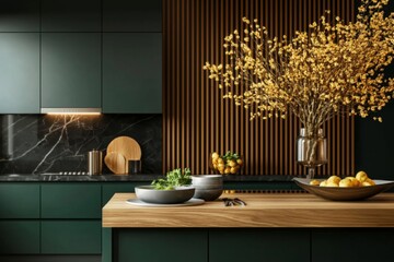 A stylish green kitchen with a wooden countertop and marble backsplash. Decorated with a large vase of dried branches and fresh herbs, the space combines natural elements with modern design