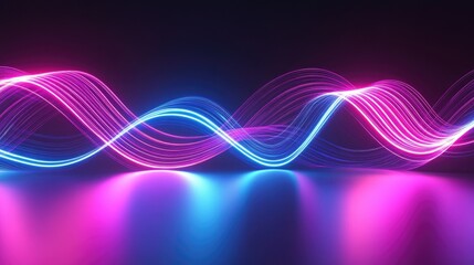 Poster - 3D Abstract Background Wavy Lines With Glowing Stripes Motion Data Transfer Concept Telemetry Music Or Audio Visualization With Rays Blue Purple Neon Light