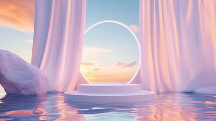 Aufkleber - 3D podium display on water featuring a luminous gate and white curtain fabric Ethereal background designed for cosmetic beauty product promotion stand mock up Step pedestal minimal banner 3D rende