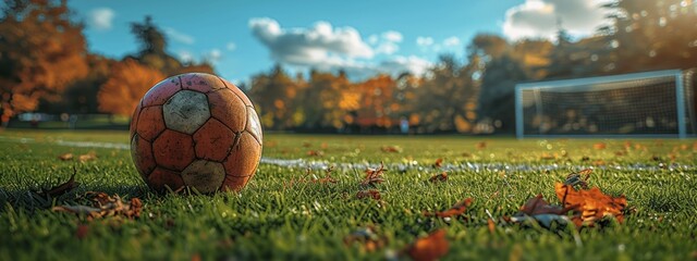 soccer ball on green grass near goal with blurred background of field and blue sky with trees captured with wide angle lens