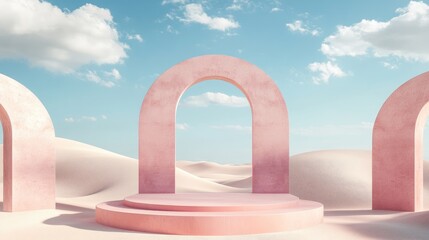Aufkleber - 3D Render Abstract surreal pastel landscape background featuring arches and podium for product display panoramic perspective vibrant dune setting with ample copy space blue sky with clouds minimal