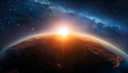 Wall Mural - Planet Earth and sunrise. Starry sky.