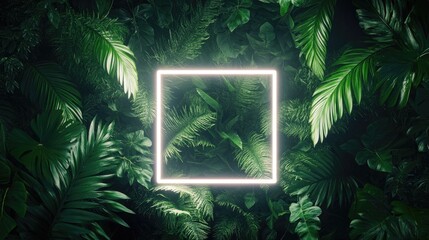 Aufkleber - 3D rendering of a white neon square light surrounded by tropical leaves showcasing a minimalist nature inspired design Flat lay composition