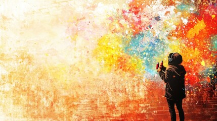 Wall Mural - A person stands before a vibrant, colorful abstract mural, blending creativity and expression.