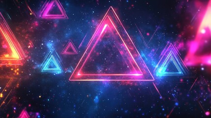 Aufkleber - Colorful Background With Neon Triangles Glowing Lines And Stars Gaming Cosmos Fantasy Vibes Background Illuminated Bright Triangle Shapes