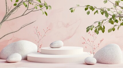 Aufkleber - 3D render of a premium paper podium on a pastel background featuring plant branches leaves pebbles and natural stones designed for product exhibitions presentations therapy relaxation and health