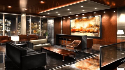 Sticker - Modern office lobby with sleek furniture and artistic decor, designed for professional gatherings.