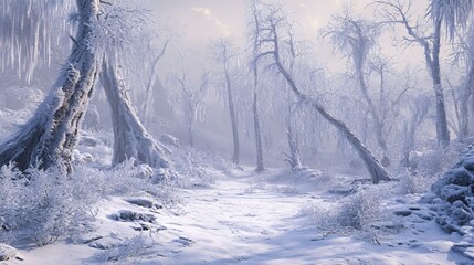 Wall Mural - a snowy path winds through a frozen forest with bare trees covered in frost.