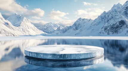 Aufkleber - Abstract 3D rendering of a winter landscape featuring an ice podium on a snowy ground with a backdrop of snow capped mountains reflecting on the water surface suitable for product display advertis