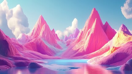 Poster - Alien landscape featuring mountains and a lake created through 3D illustration