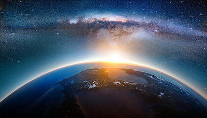 Wall Mural - Planet Earth and sunrise. Starry sky.
