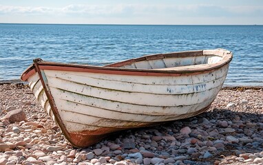  A weathered white boat sits on a pebbled beach with the blue sea in the background.