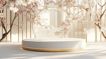 Poster - 3D podium with a white cherry blossom backdrop featuring a Japanese aesthetic for product branding presentations 3D rendered illustration