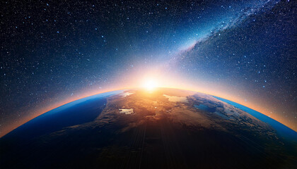 Wall Mural - Planet Earth and sunrise. Starry sky.