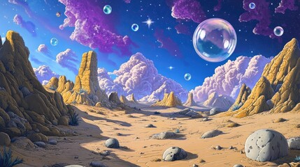 Poster - Cartoon planet landscape featuring a desert filled with rocks and stones set against an abstract alien cosmic backdrop with bubbles stars and fluid clouds