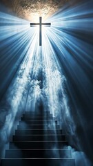 Poster - Stairway leading to cross with divine light, spiritual concept