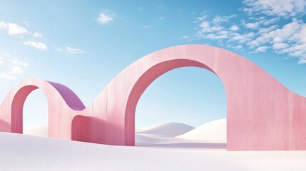 Aufkleber - 3D Render Abstract surreal pastel landscape featuring modern architecture and geometric arches vibrant dune scene with ample copy space blue sky with clouds minimalist design elements