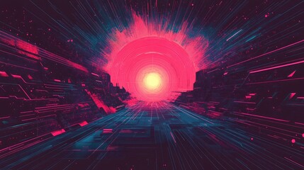 Aufkleber - Abstract Neon Light Glowing Dusty Messy Lines Background Retro Futuristic Speed Motion Bright Colored Techno Cyber Glitch Wormhole Teleport Sci Fi Night Landscape