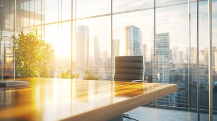 Poster - Modern office interior with a view, featuring a wooden table and a sleek chair.