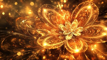 Poster - Abstract fantasy flower with luminous effects Shimmering golden light swirl backdrop Vivid digital artwork for innovative graphic design Radiant decorative pattern Fractal illustration