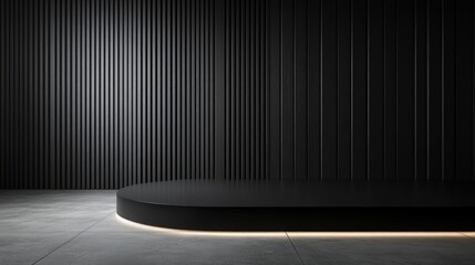 Poster - 3D rendering illustration for promotional use Display stand set against a dark backdrop A solitary illuminated black podium Unoccupied display area
