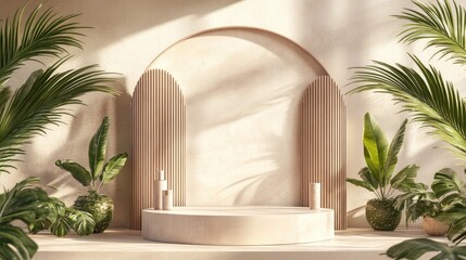 Aufkleber - 3D rendering of a podium display in a bohemian style An advertising stand featuring abstract shapes and palm leaves A pastel minimalist background suitable for showcasing cosmetics and products