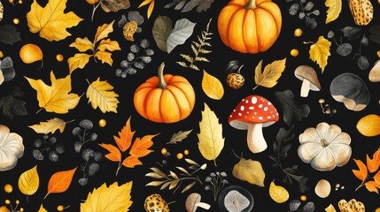 Poster - Charming autumn pattern featuring pumpkins yellow leaves and mushrooms set against a black background Adorable seasonal elements in a botanical flat design for decor and prints