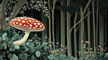 Aufkleber - Close up of a mushroom growing amidst ivy in a forest