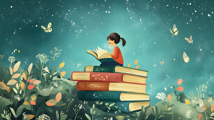 Wall Mural - World book day illustration. Love reading